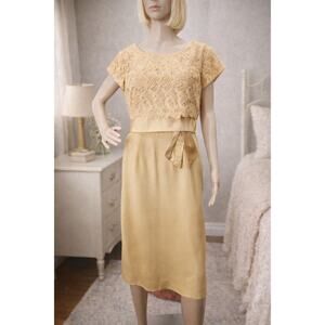 60s Gold Lace Wiggle Dress Renmor Cocktail Dress Wedding Guest L